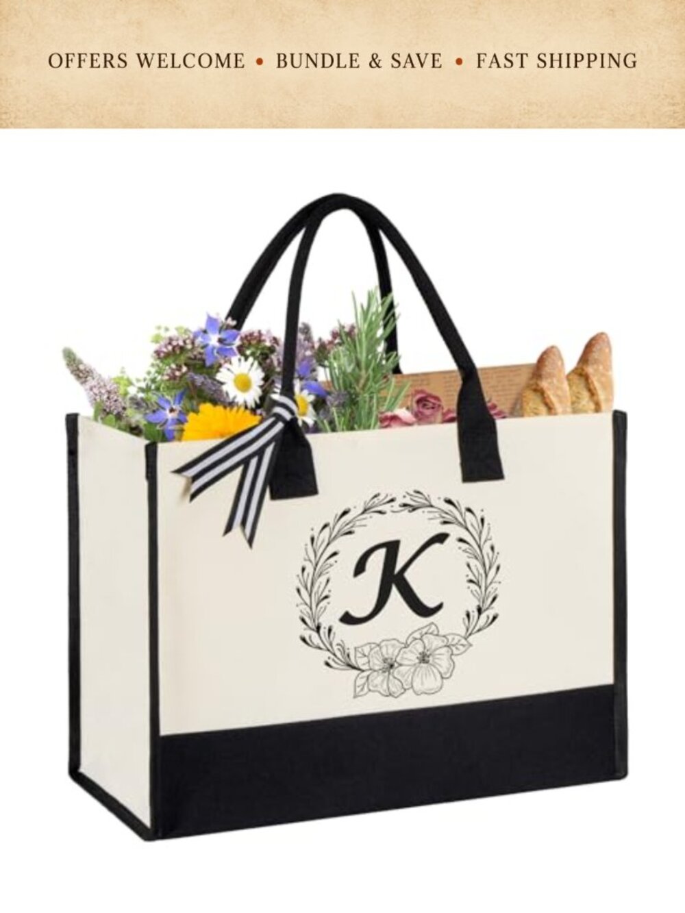 Personalized Initial Canvas Tote Bag Beach Bag for Women Gift